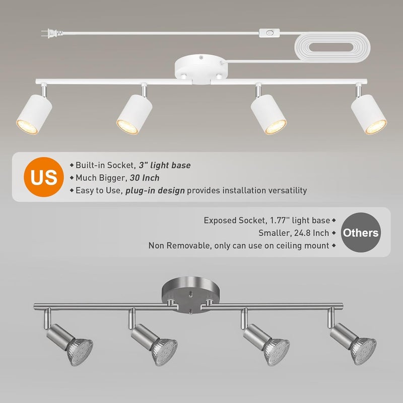 AUQUEE Track Lighting Plug in, LED Track Lighting Fixtures Ceiling Kit, White 4-Light Ceiling Light Plug-in, Wall Light with 14.8ft Power Cord, Rotatable Kitchen Spotlight for Bedroom(GU10 Socket, NO Bulb) - Image 2